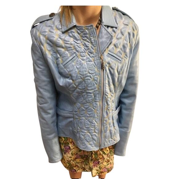 90s Kaptain Celebrity Design Blue Bubble Leather Moto Jacket Quilted - Picture 7 of 7